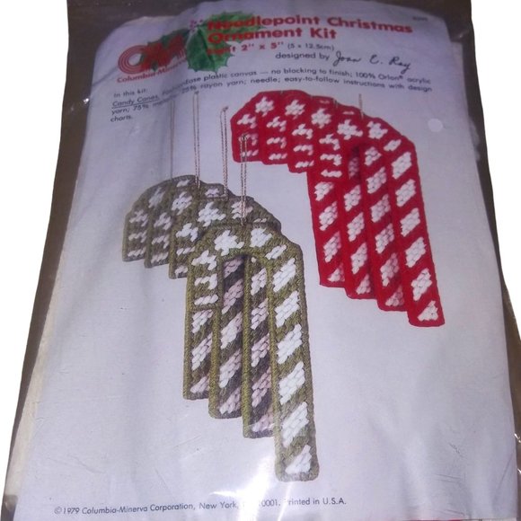 VTG Candy Cane Needlepoint Holiday Ornament Kit 1979 Columbia Minerra Joan Ray N - Picture 1 of 5
